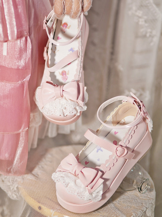 Baby Pink Bow at Top Lace Trim Heart Buckles Platforms
