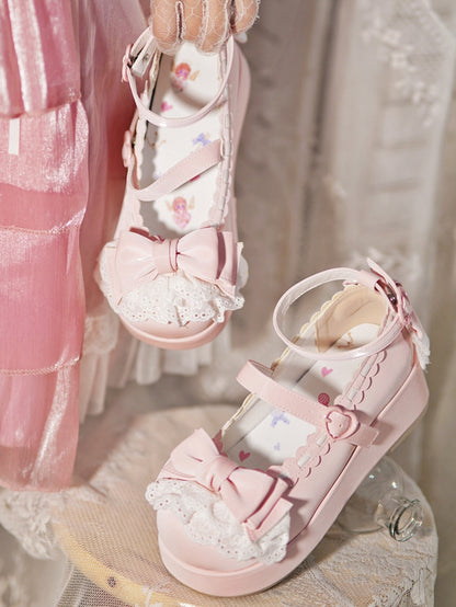 Baby Pink Bow at Top Lace Trim Heart Buckles Platforms
