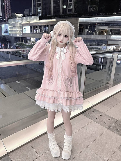 Sweet Pink Jirai Kei Bunny-Eared Hoodie Dress | Tiered Ruffles & Heart Pockets