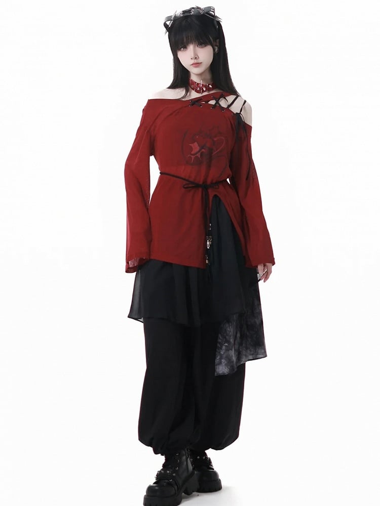Lace-up Asymmetrical Neckline Red Slit Hem Graphic Coverup