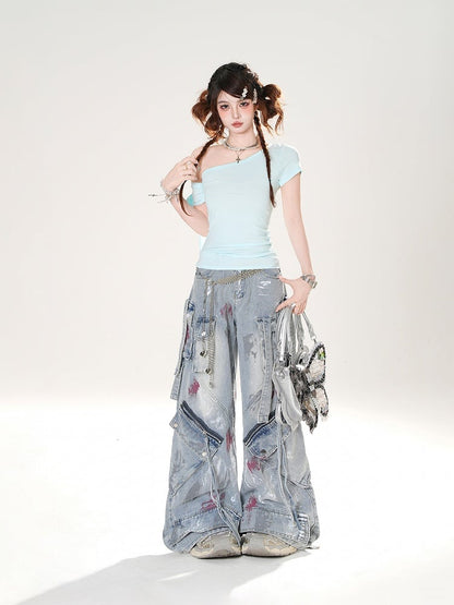 Baby Blue Asymmetrical Neckline Slim-fitting T-shirt