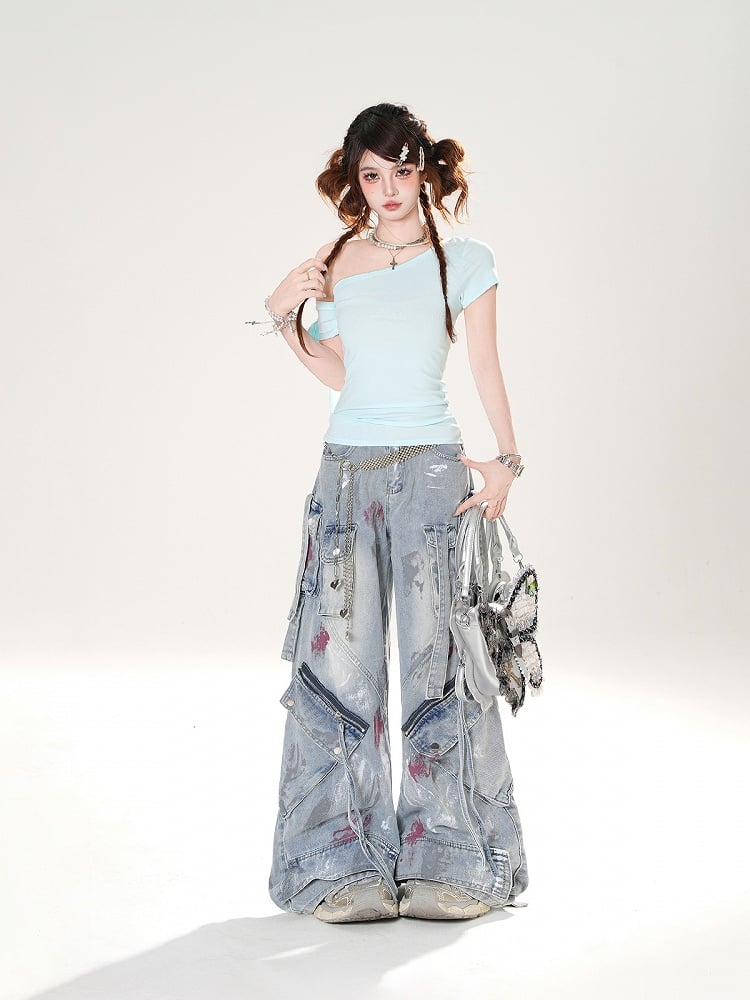 Spray Paint Print Blue Low Rise Zipper Details Distressed Wide-leg Jeans