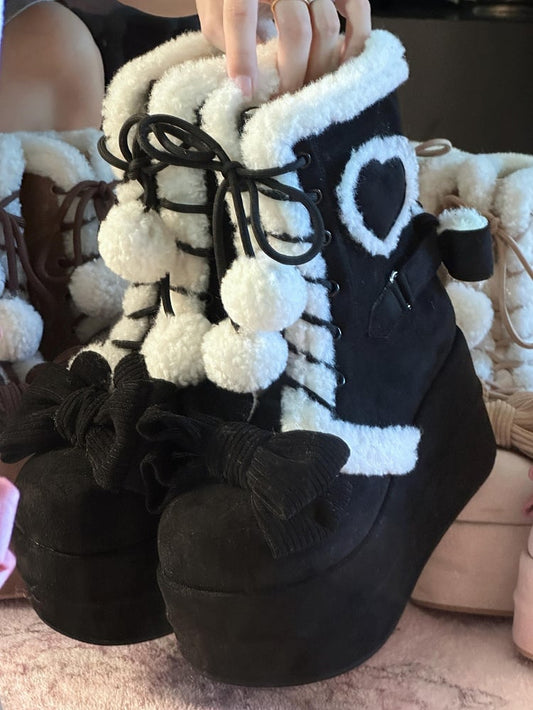 Heart Decor, Lace-up Closure & Bowknot Details Black 8.5cm Platform Boots in Sweet Lolita