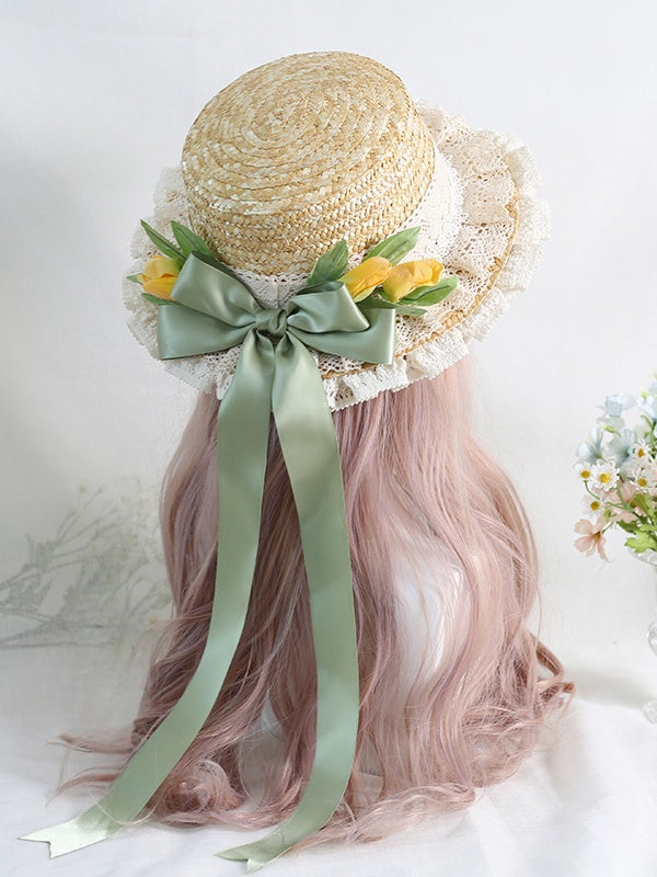 Country Lolita Tulip Lace Trim Straw Hat with Green Bowknot Ribbons