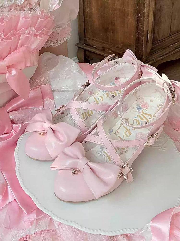 Pink Bow at Top Star Buckle Straps High Heels