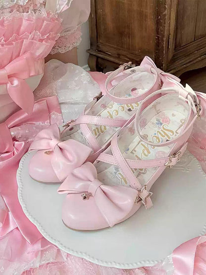 Pink Bow at Top Star Buckle Straps High Heels