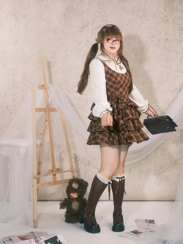 Plus Size Preppy Tiered Brown Plaid Dress with Sailor Collar & Detachable Roses