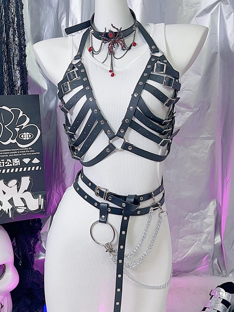 Black Y2K Studs Details PU Chest Belt