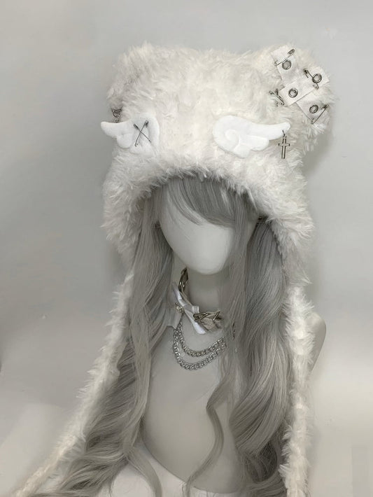 White Angel Wings Cross and Pins Cat Ear Plush Hat