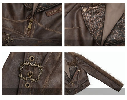 Buckle Straps Brown Western Style V-neck Punk PU Moto Jacket