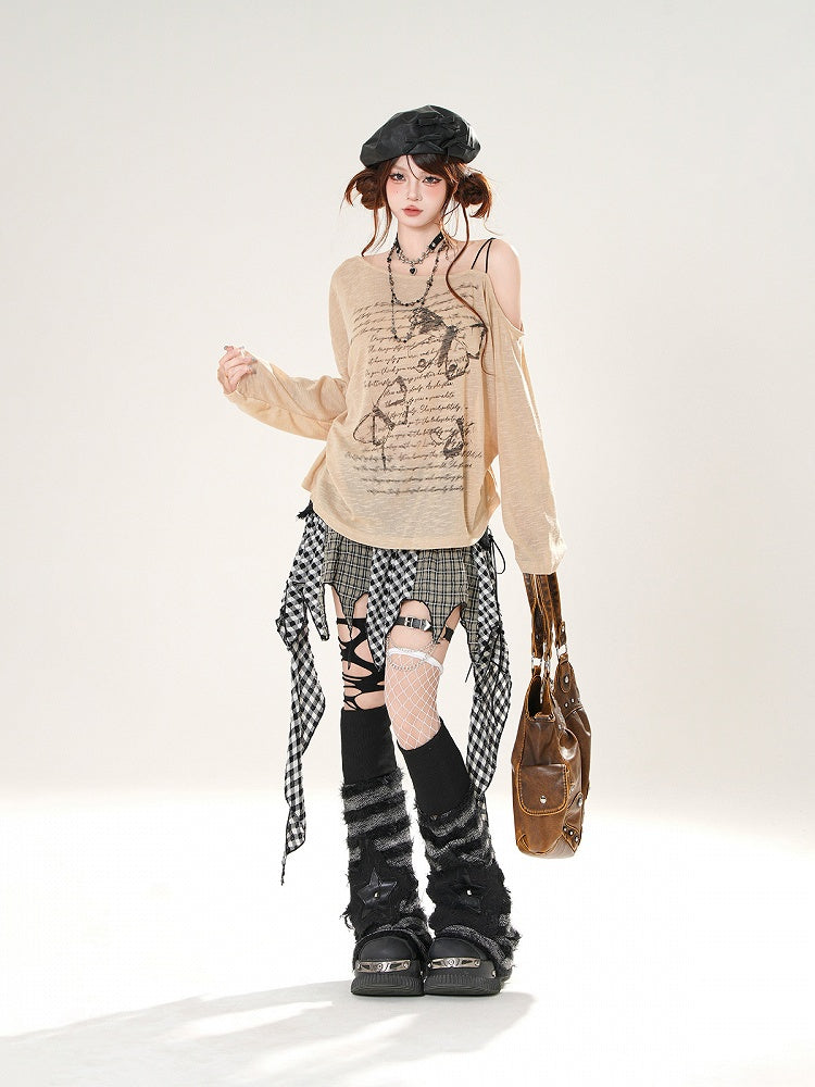 Butterfly Print Asymmetrical Neckline Khaki/White Semi-sheer Coverup