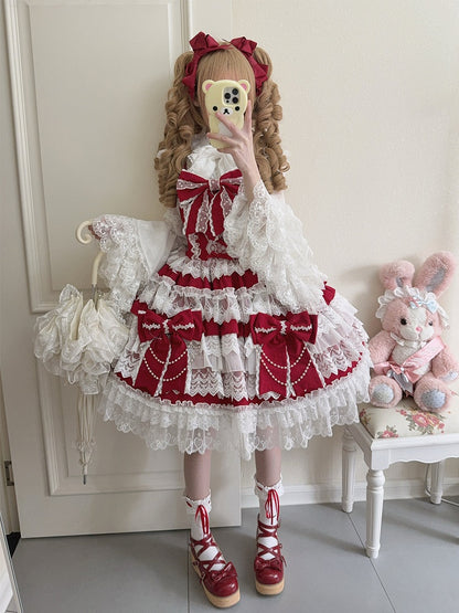 Red Big Bows Decoration Tiered Skirt Hanayome Lolita Dress