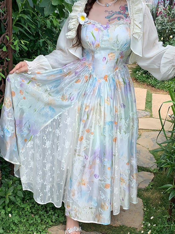 Plus Size Lace Patches Hem Oil Painting Print White Holiday Cami Dress