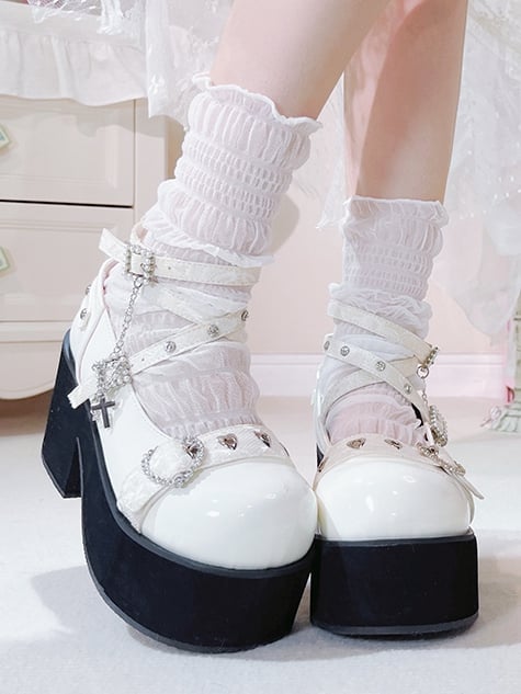 Rhinestoned Heart Design White Jirai Kei Buckle Ankle Strap Platforms with Cross Chain