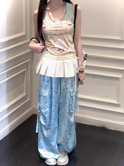 Allover Star Print Drawstring Waist Blue Wide-leg Cargo Pants