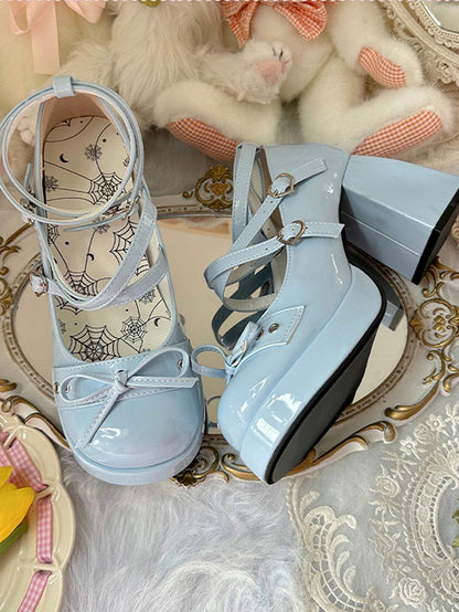 Bowknot at Top Blue High Block Heel Platform Mary Janes