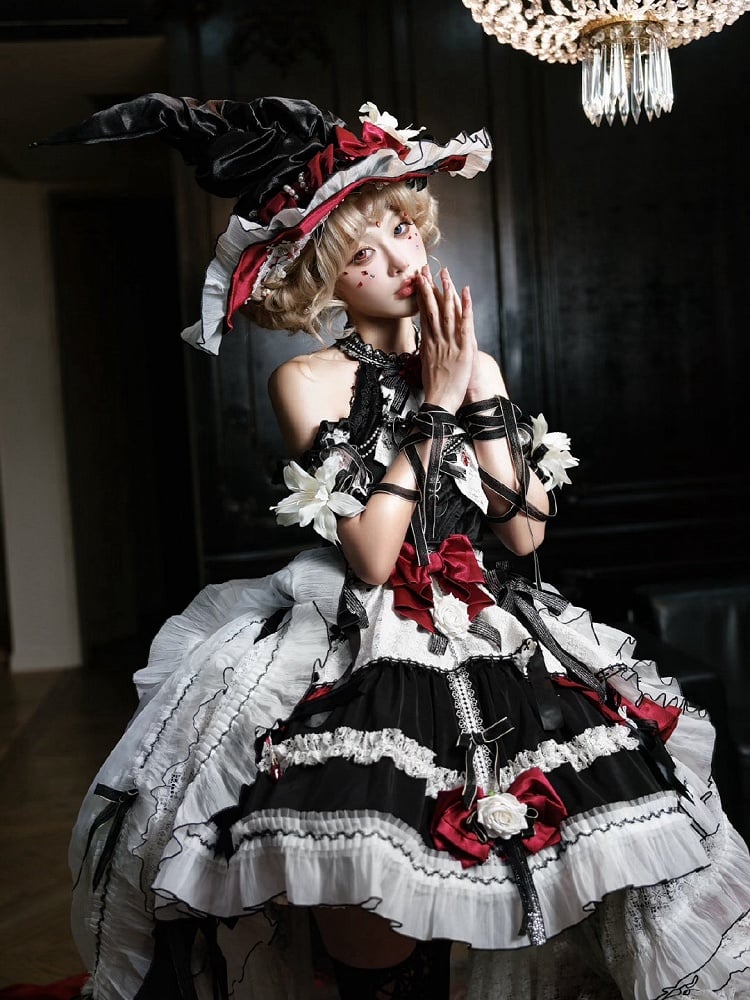 Black and Red Halter Neck Little Witch Lolita Backless Dress + High-low Skirt Full Set