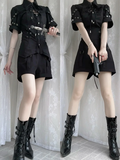 Black Ouji Lolita Fashion Lace-up Neckline Short Sleeves Shirt