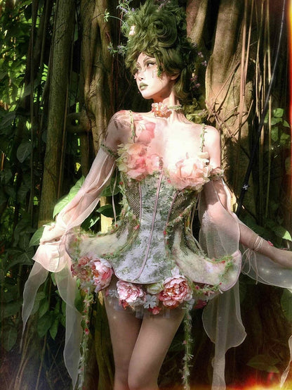 Forest Fairy Goth Pink and Green Boned Corset + Tulle Overlay + Floral Petticoat + Sleeves