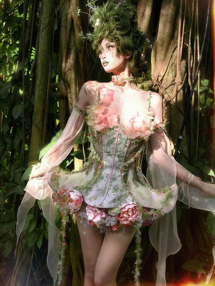Pink and Green Floral Design Fairy Goth Vine Spaghetti Straps Boned Corset Top