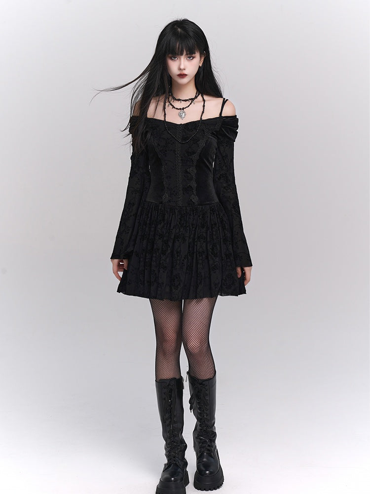 Black Gothic Velvet Off-the-shoulder Neckline Bell Sleeves Lace Trim Dress