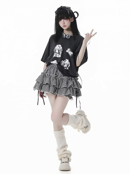 Black/Plaid Elastic Waist Tiered Skirt Bloomers Lining