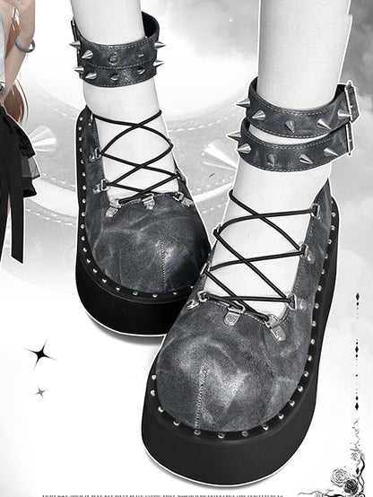Front Lace-up Spike Stud Detailing Gray Punk Lolita Platforms