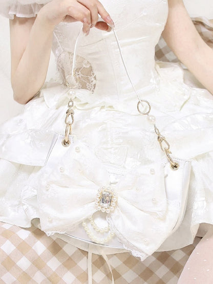 White Shoulder Bag in Sweet Lolita - Satin with Sparkling Beaded Bow