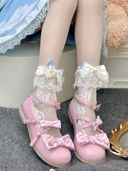 White Lolita Semi-sheer Calf Socks With Lace Cuffs And White/Gray/Pink Bowknot Details