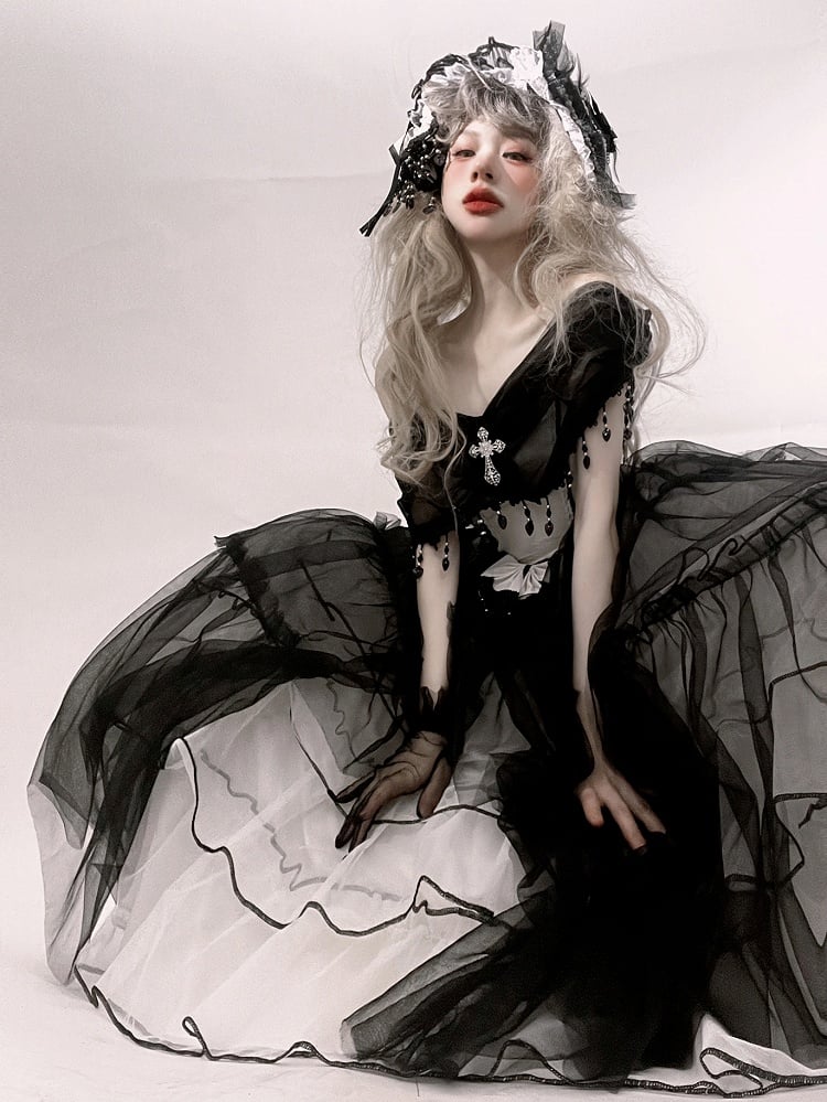 Plus Sizes Available Black Gothic Princess Off-the-shoulder Neckline Dress Black and White