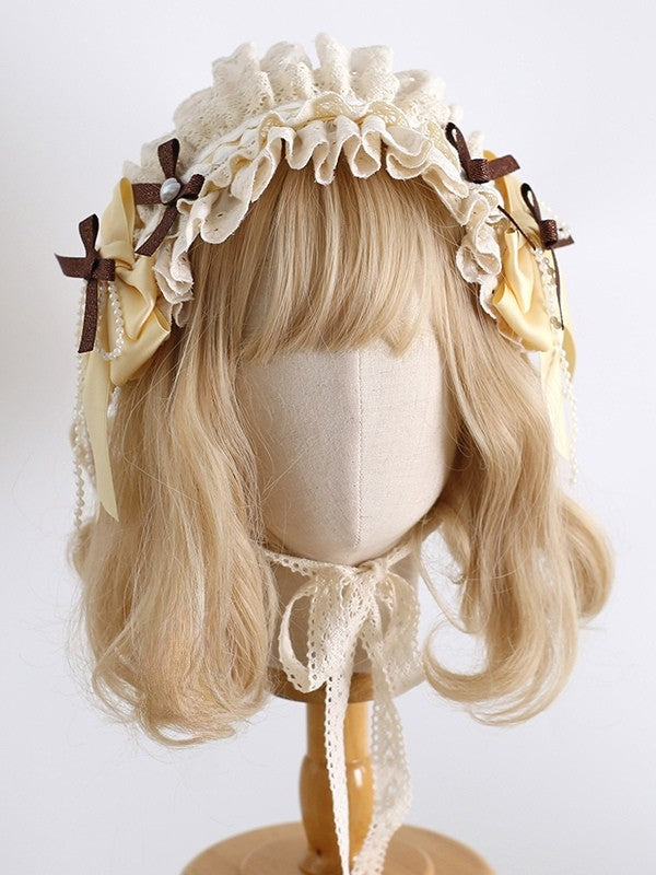Yellow&Brown Sweet Lolita Beaded Decorated Bowknot Details Ruffled Hairband