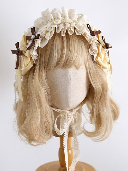 Yellow&Brown Sweet Lolita Beaded Decorated Bowknot Details Ruffled Hairband