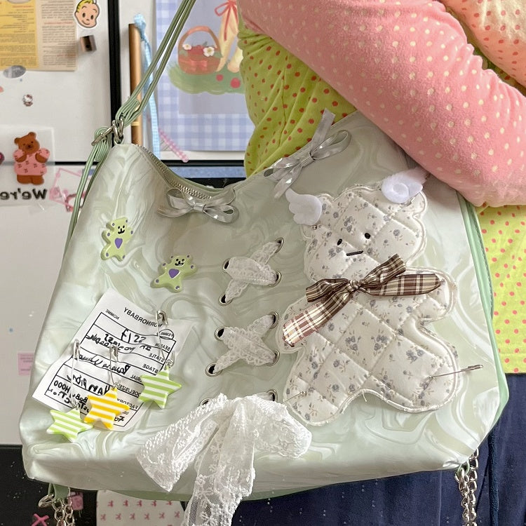Y2K Light Green Convertible Bag with Quilted Bear Applique & Lace-Up Detail