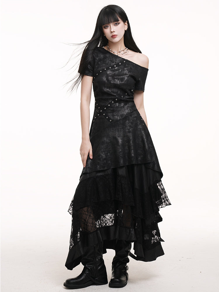 Black Elastic Waist Asymmetrical Hem Lace Patches Skirt