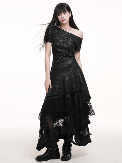 Black Elastic Waist Asymmetrical Hem Lace Patches Skirt