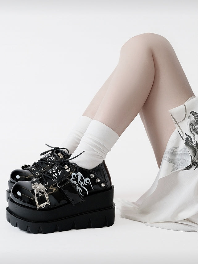 Polished Black Y2K Bittersweet Studs Details Print Design Platform Shoes