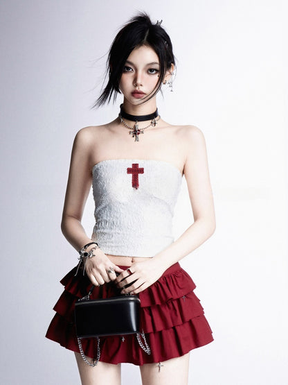 Gothic Red Cross Applique White Cropped Strapless Top/Red Cross Charms Tiered Skirt
