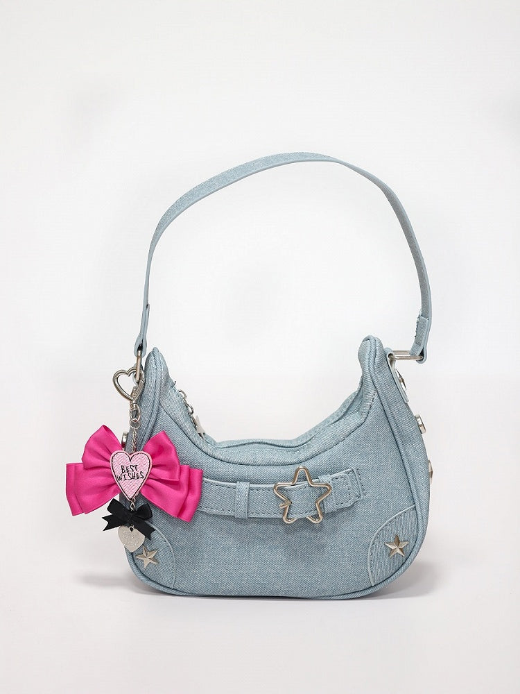 Star Stud Details Denim Blue Bag with Bowknots