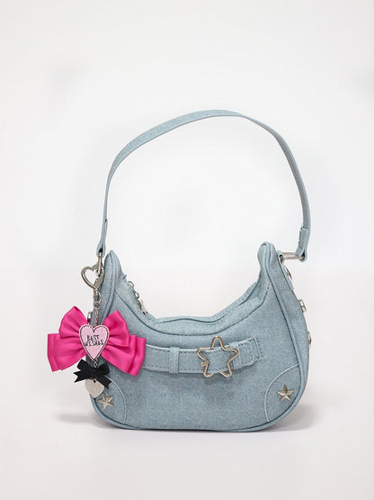 Star Stud Details Denim Blue Bag with Bowknots