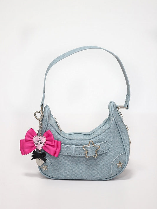 Star Stud Details Denim Blue Bag with Bowknots