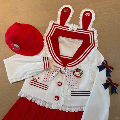 Ruffled Sailor Collar Bunny Ears Design Back Light Pink/Wine Red JK Uniform Top