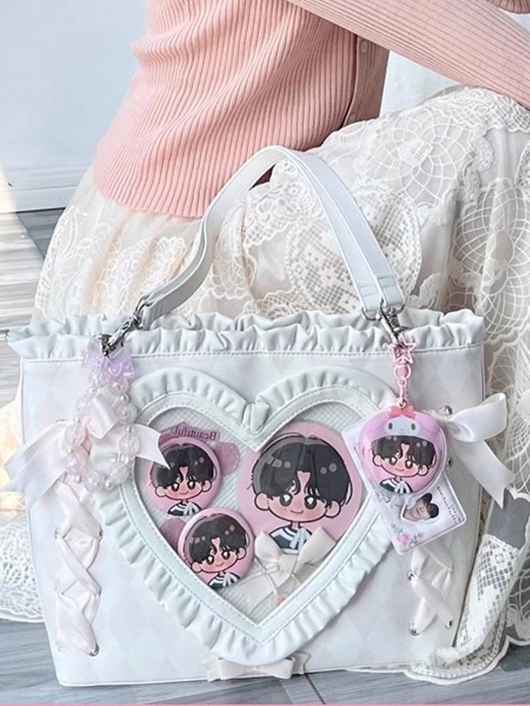 Pink Diamond Pattern Lace-up Design Ruffles Trim Heart PU Tota Ita Bag