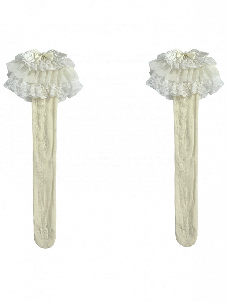 Beige Beaded And Wings Decorated Bowknot Lace Trim Lolita Under-Knee Stockings