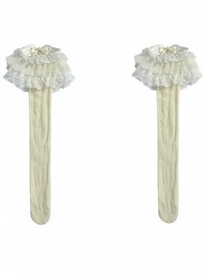 Beige Beaded And Wings Decorated Bowknot Lace Trim Lolita Under-Knee Stockings