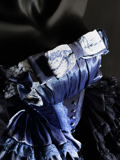 Dark Blue Basque Waist Tiered Sweet Lolita Balletcore Dress with Lace Accents