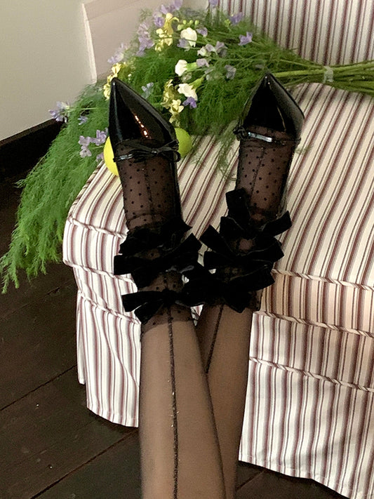 White/Black Polka-dot Pattern Bowknot Details Calf Socks