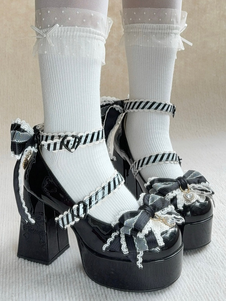 High Block Heel Elegant Black Mary Janes - Bowknot Details with Rhinestone Accents & Striped Closures