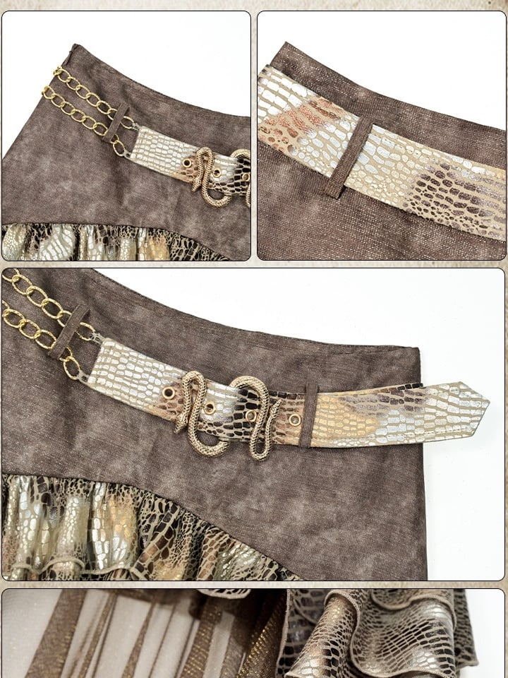 Brown Wasteland Punk Snakeskin Pattern High-low Design Tiered Skirt