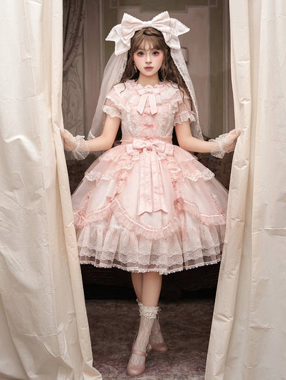 Pink Scalloped Edge Trim Overlay Skirt Princess Lolita Dress with Detachable Sleeves
