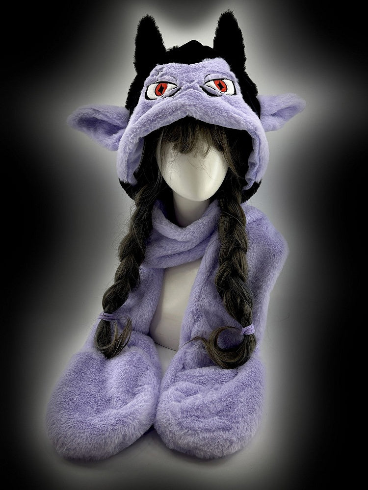 Black and Purple Vampire Gothic Winter Plush Hat with Scarf Gloves